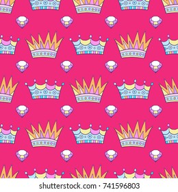 Cool princess crowns, tiaras and diamonds. Seamless pattern.  Lovely vector illustration and design for fabrics, textile, wallpaper and background.