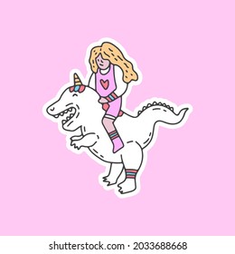 Cool princess ride a unicorn dinosaur illustration. Vector graphics for t-shirt prints and other uses.