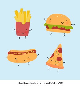 Cool Print With Cartoon Food. French Fries, Hamburger, Hot Dog, Pizza