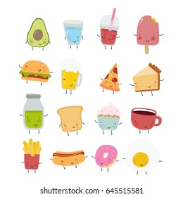 Cool print with cartoon food. French fries, hamburger, hot dog, pizza, Smoothies, avocado, watermelon, juice, Toast, bread, donut, coffee, egg, beer
