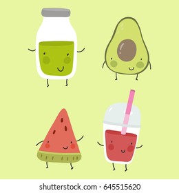 Cool print with cartoon food. Smoothies, avocado, watermelon, juice