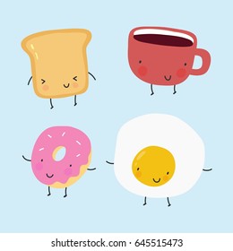 Cool print with cartoon food. Toast, bread, donut, coffee, egg