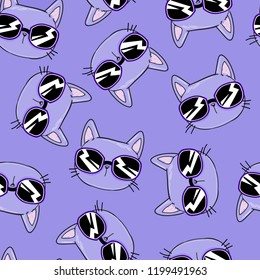 cool print children's design textile print with cat, vector illustration, hand drawn cat with sunglasses