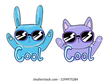 cool print children's T-shirt with cat and rabbit, vector illustration, hand drawn cat and rabbit with sunglasses