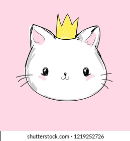 Cool print children's T-shirt with cat, vector illustration, hand drawn cat with crown.
