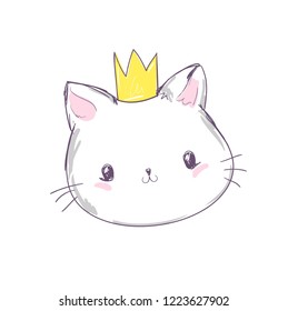 Cool print children's T-shirt with cat, vector illustration, hand drawn cat with crown.