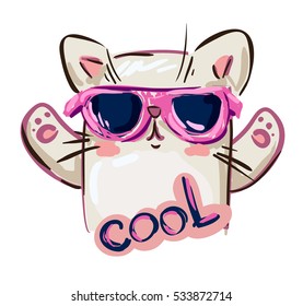 cool print children's T-shirt with cat, vector illustration, hand drawn cat with sunglasses