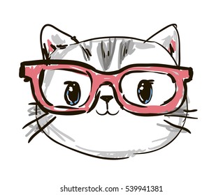 cool print children's T-shirt with cat, vector illustration, hand drawn cat with glasses