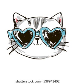 cool print children's T  shirt and cat  vector illustration  hand drawn cat and sunglasses