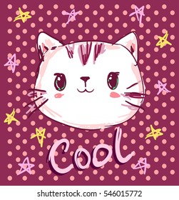 cool print children's T-shirt with cat, vector illustration, hand drawn cool cat