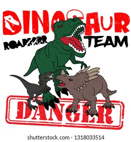 Cool print with a dinosaur and a slogan. T Rex, Danger. For print,  clothes, t shirt, child or web. Creative  original design . Dinosaur team