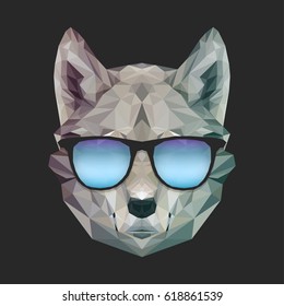 Cool print funny wolf in summer sunglasses. Vector dog illustration for t-shirts print. Hipster image. Geometric low poly design style.