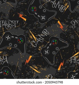 Cool print for guys with game joysticks on gray and orange grunge.