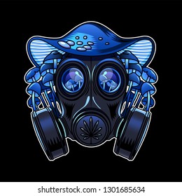 Cool print for junkie T-shirt with a hat in the form of blue fly agaric, psilocybin mushrooms and gas mask with big eyes