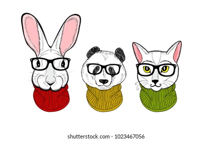 Cool print of tree white animals. Vector illustration with panda, cat and rabbit. Young winter animals in scarfs.