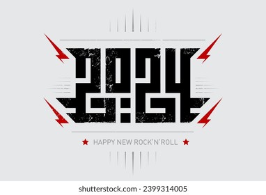 Cool print for t-shirt apparels with inscription. 2024 - t-shirt design for new year party. Happy New Rock'n'roll 2024 - music poster with stylized inscription, red lightnings and star.