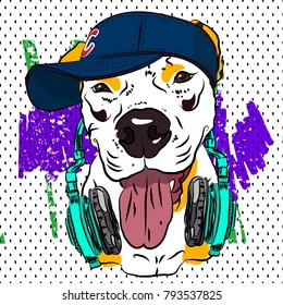 Cool print for T-shirt. Bulldog in the form of rapper. Vector.
