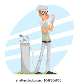 Cool professional golfer player adjusts champion glove golf club isolated cartoon character design vector illustration