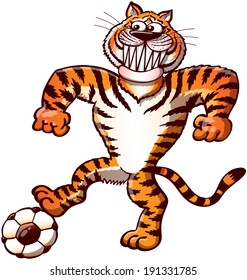 Cool and proud orange tiger stepping on a soccer ball while pushing it, staring at the target, clenching its fists, grinning and preparing a free kick