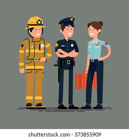 Cool public safety worker characters. Firefighter, policeman and paramedic in flat design, isolated. Emergency service professionals friendly smiling