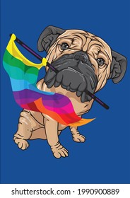 Cool Pug With Rainbow Lgbt Gay Pride Flag Dog Vector Illustration Graphic Design for Document and Print