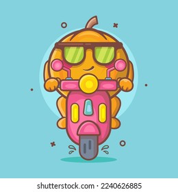 cool pumpkin fruit character mascot riding scooter motorcycle isolated cartoon in flat style design