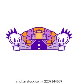 Cool punk skull with city landscape doodle art, illustration for t-shirt, sticker, or apparel merchandise. With modern pop style.