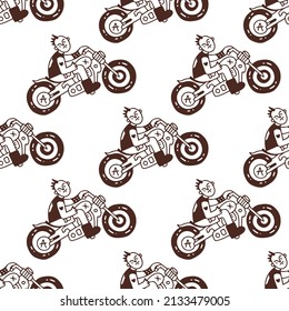Cool punk young boy riding motorbike, seamless pattern background illustration for t-shirt, sticker, or apparel merchandise. With doodle, retro, and cartoon style.