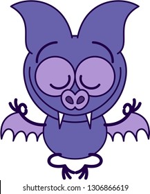 Cool purple bat with big pointy ears and sharp fangs performing a deep meditation in seated position. It's happily smiling while doing a Gyan mudra sign with both hands