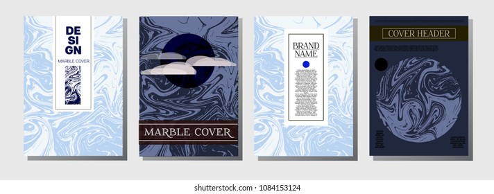 Cool Purple Blue Marble Ink Texture Cover Set. A4 Vector Liquid Paint Fashion Magazine Design. Ebru Ink Wash Hipster VIP Package Background. Abstract Corporate Identity Marble Ink Texture Cover.