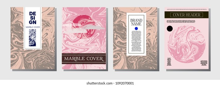 Cool Purple Blue Marble Ink Texture Cover Set. A4 Vector Liquid Paint Fashion Magazine Design. Ebru Ink Wash Hipster VIP Package Background. Abstract Corporate Identity Marble Ink Texture Cover.