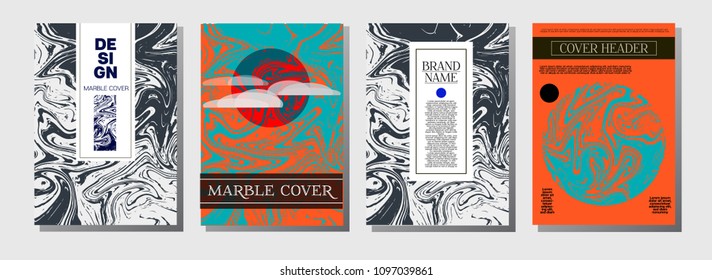 Cool Purple Blue Marble Ink Texture Cover Set. A4 Vector Liquid Paint Fashion Magazine Design. Ebru Ink Wash Elegant VIP Package Background. Corporate Identity Marble Ink Texture Cover, Paper.