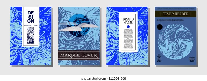 Cool Purple Blue Marble Ink Texture Cover Set. A4 Vector Liquid Paint Fashion Magazine Design. Ebru Ink Wash Elegant VIP Package Background. Corporate Identity Exotic Marble Ink Texture Cover.