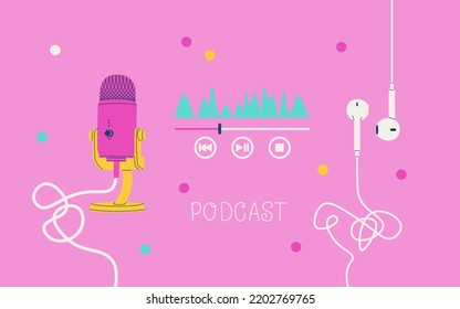 Cool purple cover or banner for a podcast channel. Studio microphone, audio player equalizer and wired headphones. Vector EPS 10.