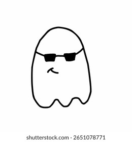 Cool and quirky cartoon ghost with black sunglasses. Fun character for Halloween content, party invitations, sticker design, spooky illustrations, and playful seasonal merchandise.