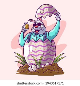 Cool rabbit character inside big egg cartoon illustration