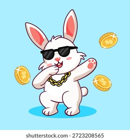 Danza fresca del conejo en estilo de Dabbing con el diseño flotante de la historieta de la Ilustración vectorial de la moneda de oro