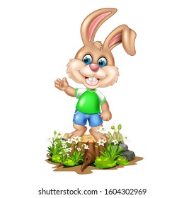 Cool Rabbit on Top Wood Tree With White Flower And Rock Cartoon