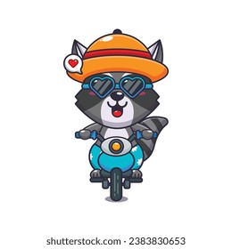 Cool raccoon with sunglasses riding a motorcycle in summer day. Cute summer cartoon illustration. 