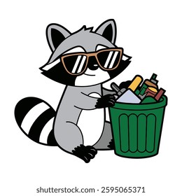 Cool Raccoon with Sunglasses and Trash Bin Illustration