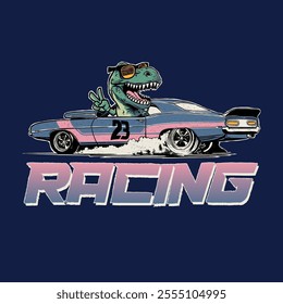 Cool Racing Dinosaur Illustration for Kids' Apparel
A vibrant vector illustration featuring a cheerful T-Rex wearing sunglasses, flashing a peace sign while driving a vintage racing car.