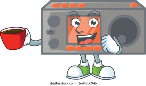 Cool radio transceiver cartoon character with a cup of coffee