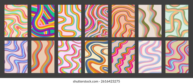 Cool Rainbow Abstract Posters Set Vector Design. Psychedelic Trippy Colorful Y2K Pattern Cover. Funky Groovy Wavy Texture.