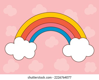 Cool rainbow with clouds in the style of groove and y2k on the background of the pink sky