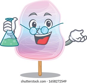 Cool rainbow cotton candy Professor cartoon character with glass tube