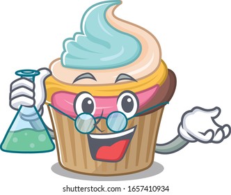 Cool rainbow cupcake Professor cartoon character with glass tube