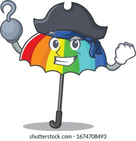 Cool rainbow umbrella in one hand Pirate cartoon design style with hat