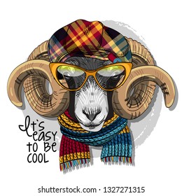 Cool ram with checkered cap, glasses and knitted scarf. Hand drawn illustration of dressed sheep. Vector illustration.