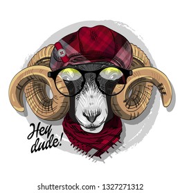 Cool ram with checkered cap, round glasses and red scarf. Hand drawn illustration of dressed sheep. Vector illustration. 