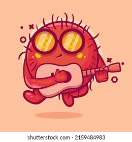 cool rambutan fruit character mascot playing guitar isolated cartoon in flat style design